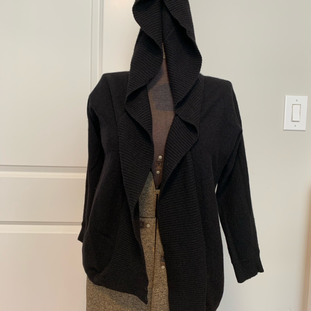 100% Cashmere black hooded open sweater XS